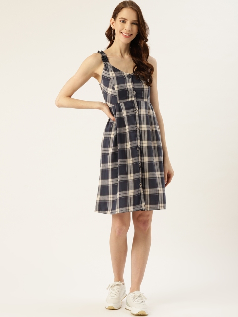 

Off Label Women Navy Blue & Off-White Checked Empire Dress