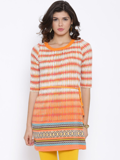 

Fusion Beats Women Orange & Off-White Geometric Print Tunic