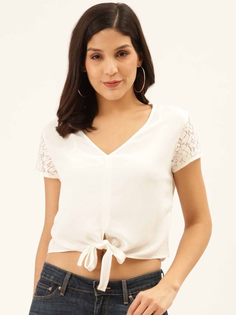 

Trend Arrest Women White Solid Front Knot Crop Top with Lace Detail