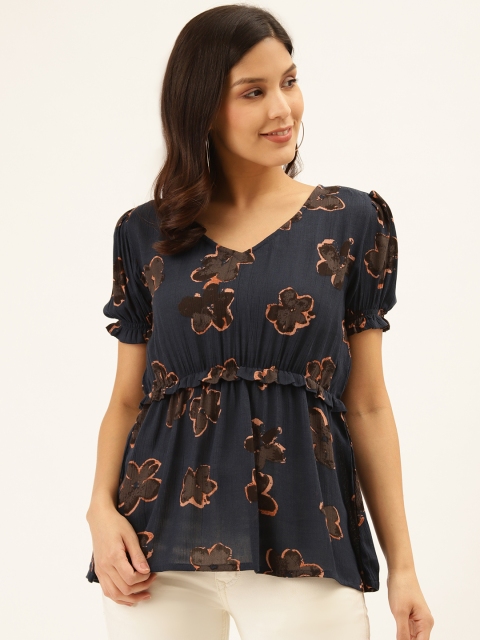 

Trend Arrest Women Navy Blue & Coffee Brown Floral Print A-Line Top