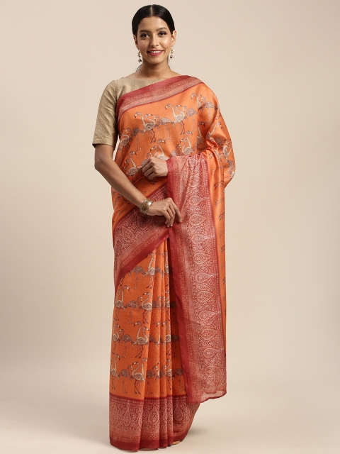 

MIRCHI FASHION Rust Orange & Maroon Pure Cotton Printed Saree
