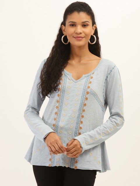 

PIRKO Women Blue & Beige Ethnic Embroidered Pure Cotton Top