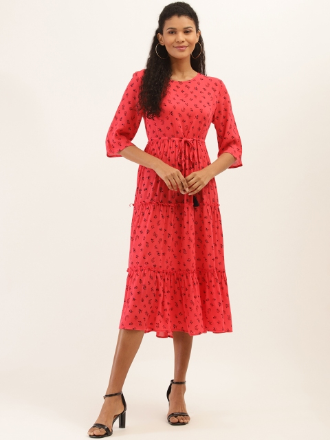 

PIRKO Women Coral Pink & Navy Blue Floral Print Tiered A-Line Dress
