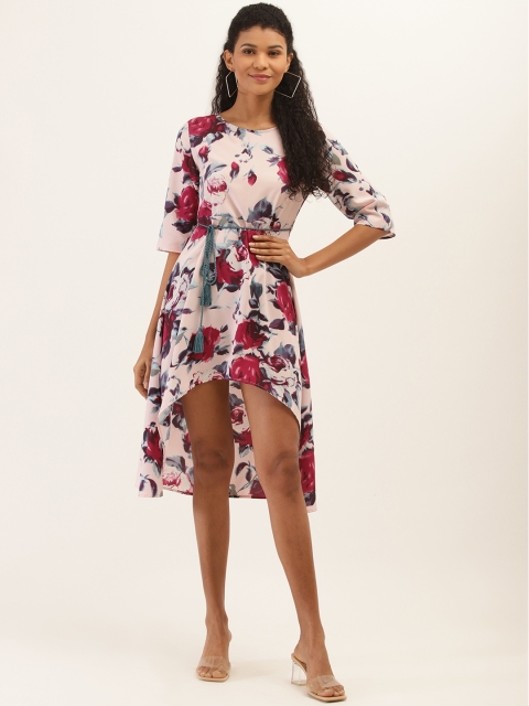 

PIRKO Women Pink & Grey Floral Print High-Low A-Line Dress