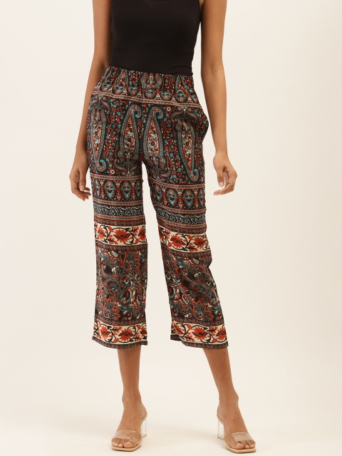 

PIRKO Women Black & Rust Red Paisley Print Straight Cropped Palazzos