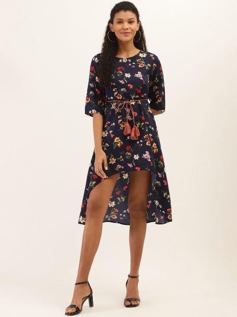 

PIRKO Women Navy Blue & Red Floral Print High-Low A-Line Dress