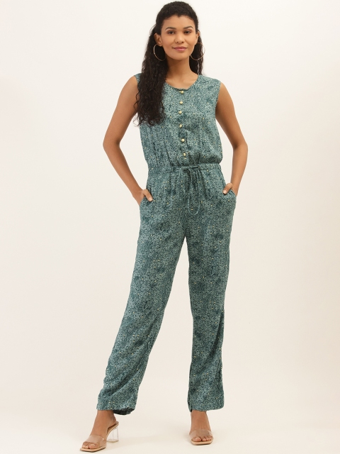 

PIRKO Women Teal Green & Off-White Printed Basic Jumpsuit