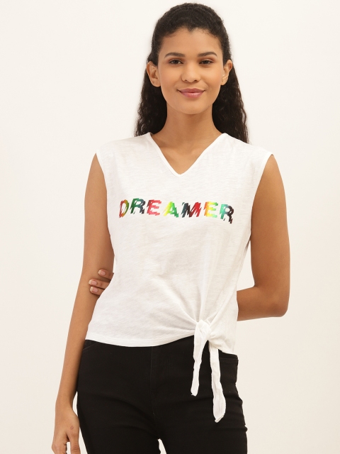 

PIRKO Women White & Green Pure Cotton Printed Waist Knot Top