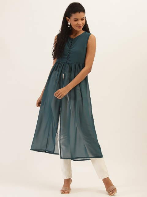 

PIRKO Women Teal Blue Solid Semi-Sheer A-Line Kurta