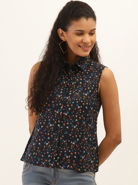 

PIRKO Women Black & Peach-Coloured Pure Cotton Slim Fit Ditsy Floral Printed Casual Shirt