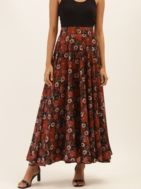 

PIRKO Women Black & Orange Floral Print Flared Maxi Skirt, Olive