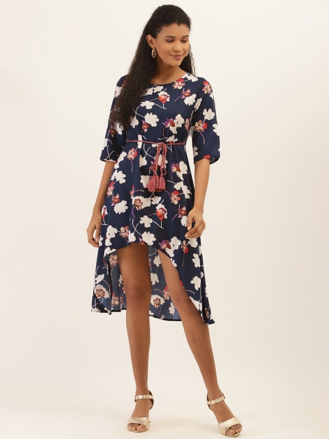 

PIRKO Women Navy Blue & White Floral Print High-Low A-Line Dress