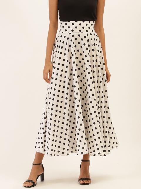 

PIRKO Women White & Black Polka Dot Print Flared Maxi Skirt