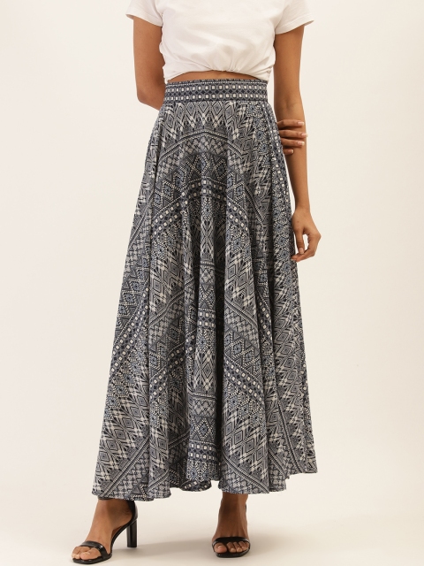 

PIRKO Women Black & Blue Printed Flared Maxi Skirt