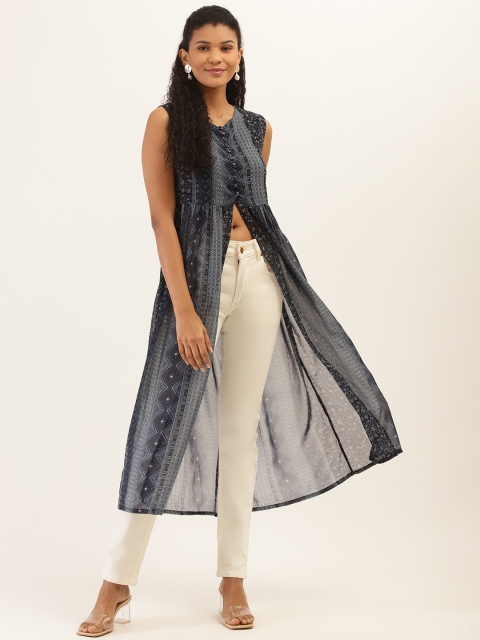 

PIRKO Women Navy Blue Printed Semi-Sheer A-Line Kurta