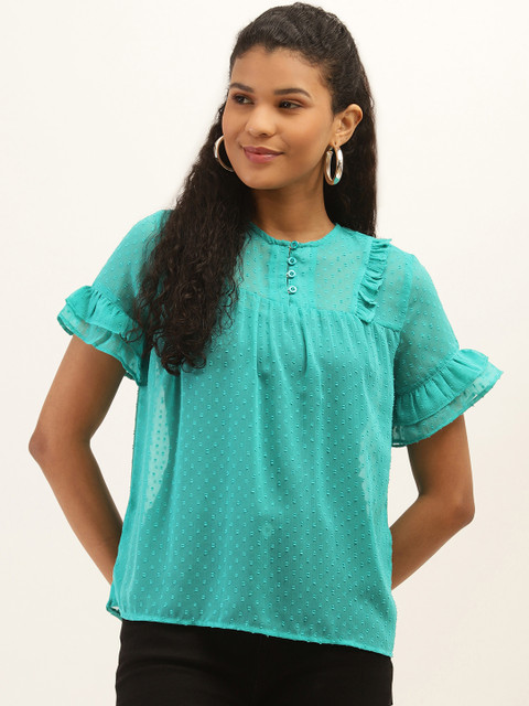 

PIRKO Women Green Semi-Sheer Dobby Weave Self Design Top