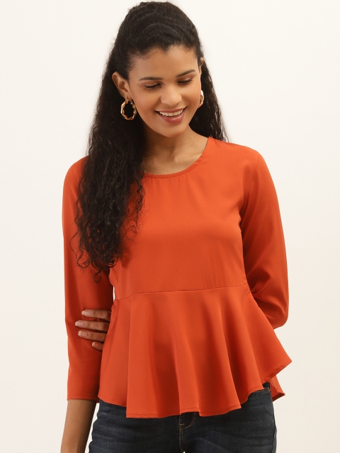 

PIRKO Women Rust Orange Solid Peplum Top