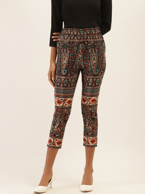 

PIRKO Women Black & Orange Regular Fit Printed 3/4Th Cigarette Trousers