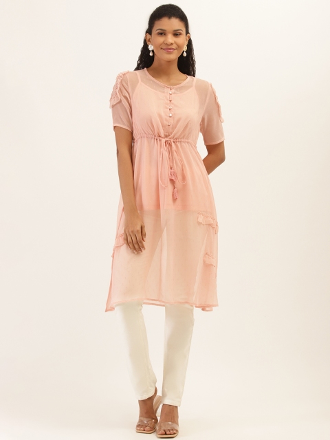 

PIRKO Women Peach-Coloured Woven Design Dobby Semi-Sheer A-Line Kurta