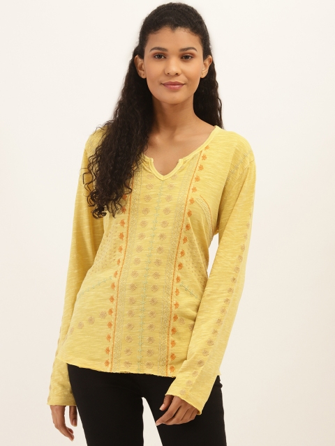 

PIRKO Women Yellow Pure Cotton Embroidered Top