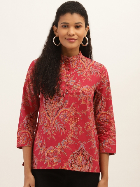 

PIRKO Women Pink & Mustard Yellow Printed Shirt Style Pure Cotton Top