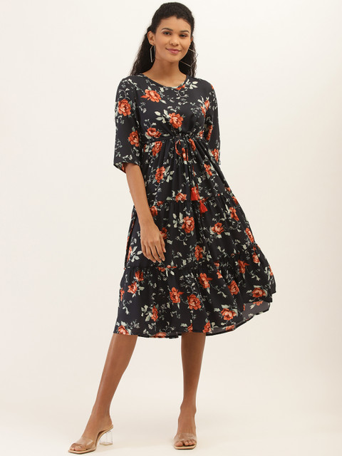 

PIRKO Women Navy Blue & Rust Orange Tiered Floral Print A-Line Dress