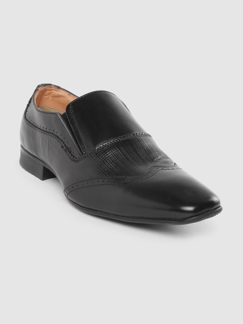 

CLOG LONDON Men Black Leather Textured Formal Slip-Ons with Brogues Detail