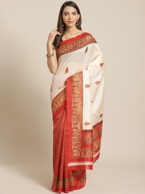 

KALINI Off-White & Red Printed Bhagalpuri Saree