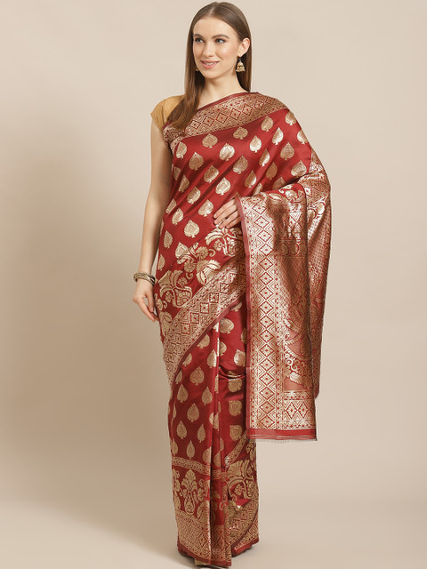 

Mitera Maroon & Golden Pure Silk Ethnic Motifs Woven Design Banarasi Saree