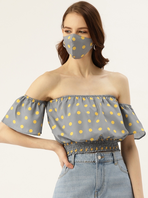 

DIVA WALK EXCLUSIVE Women Grey & Yellow Polka Dot Print Bardot Top with Matching Mask