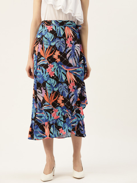 

DIVA WALK EXCLUSIVE Women Black Blue Tropical Printed Wrap Skirt