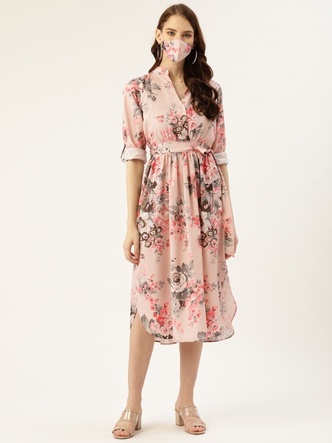 

DIVA WALK EXCLUSIVE Women Pink & Brown Floral Printed A-Line Dress