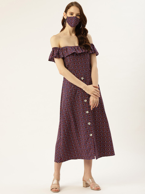 

DIVA WALK EXCLUSIVE Women Navy Blue Polka Printed A-Line Dress