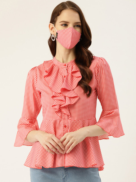 

DIVA WALK EXCLUSIVE Women Red Checked Peplum Top with Matching Mask