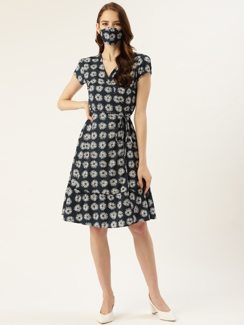 

DIVA WALK EXCLUSIVE Women Navy Blue White Floral Printed Wrap Dress
