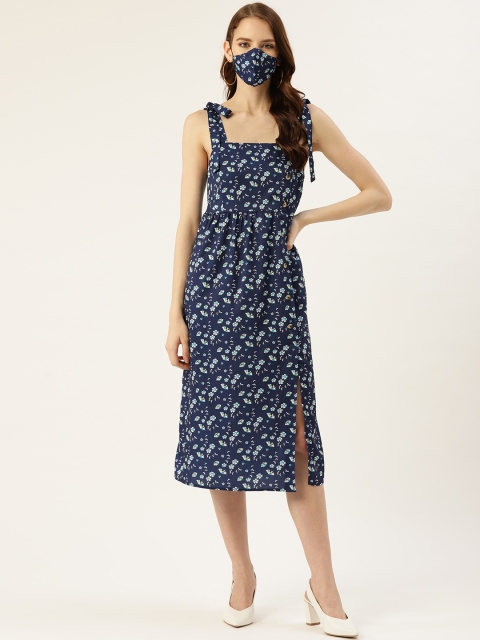 

DIVA WALK EXCLUSIVE Women Navy Blue Green Floral Printed A-Line Dress