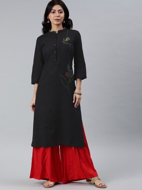 

araaliya Women Black Solid Straight Kurta with Embroidered Detail