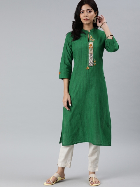 

araaliya Women Green Solid Straight Handloom Kurta With Embroidery