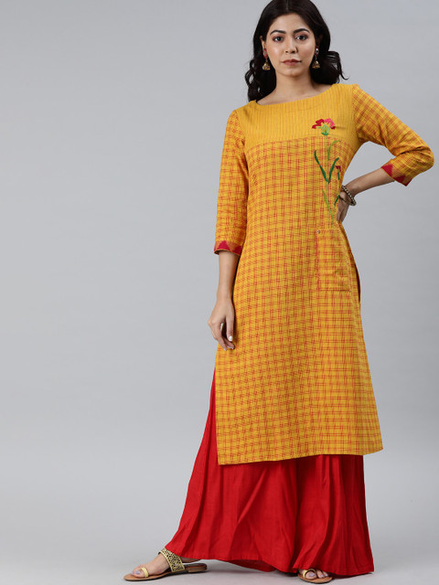 

araaliya Women Mustard Yellow & Red Checked Straight Kurta with Embroidered Detail