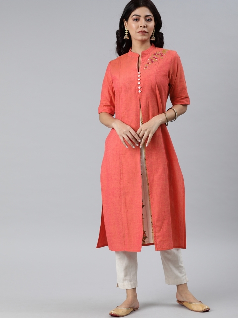 

araaliya Women Peach-Coloured Solid Layered Straight Handloom Kurta With Embroidery