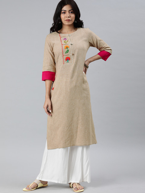 

araaliya Women Beige Solid Straight Handloom Kurta With Embroidery