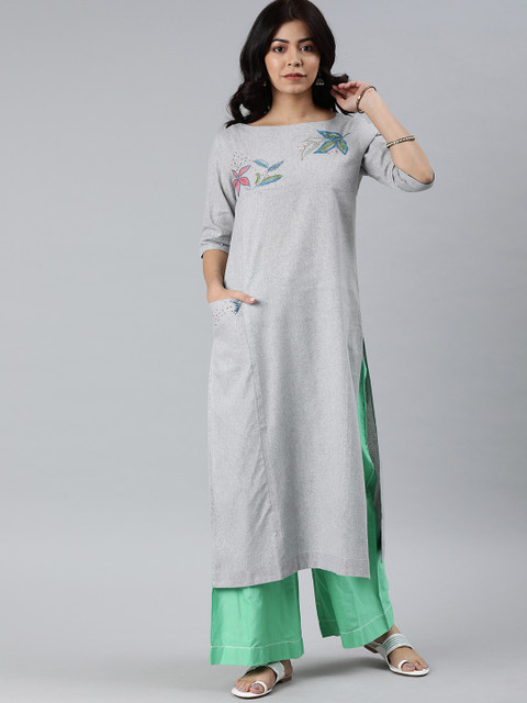

araaliya Women Grey Solid Straight Handloom Kurta With Embroidery