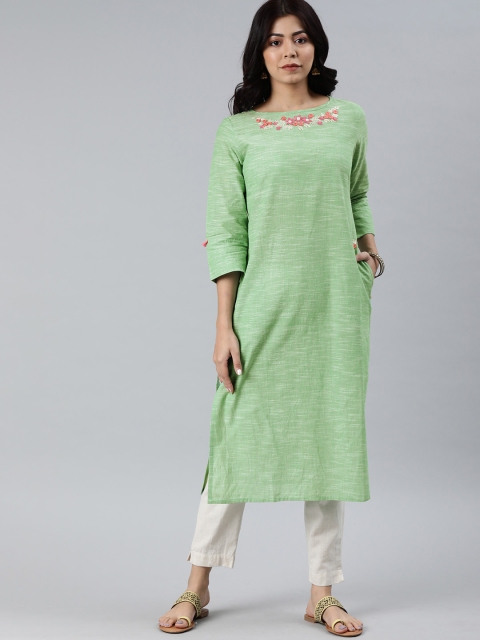 

araaliya Women Sea Green Solid Straight Kurta with Embroidered Detail