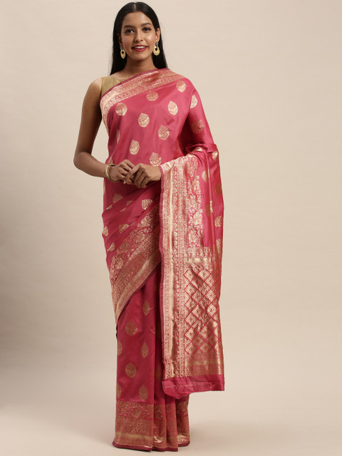 

PACHE Coral Pink & Gold-Toned Art Silk Woven Design Banarasi Saree