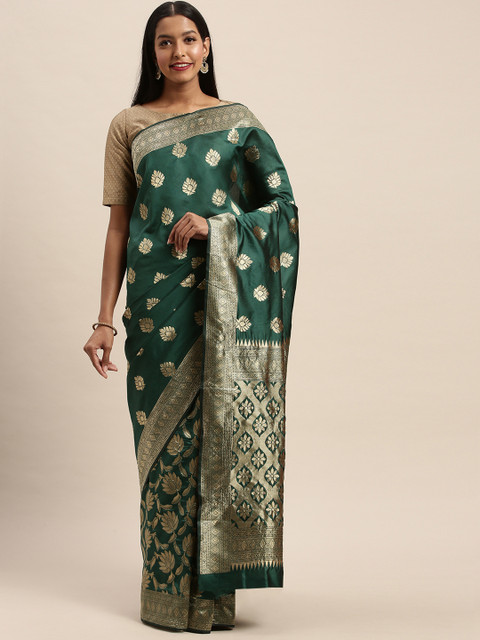 

PACHE Teal Green & Gold-Toned Art Silk Woven Design Banarasi Saree