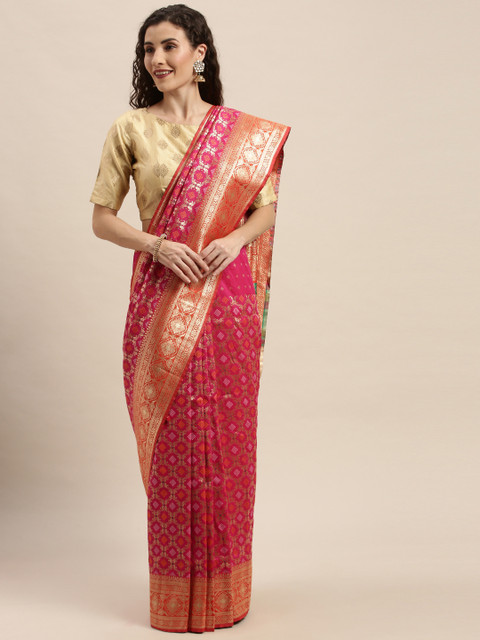 

PACHE Pink & Gold-Toned Art Silk Woven Design Banarasi Saree