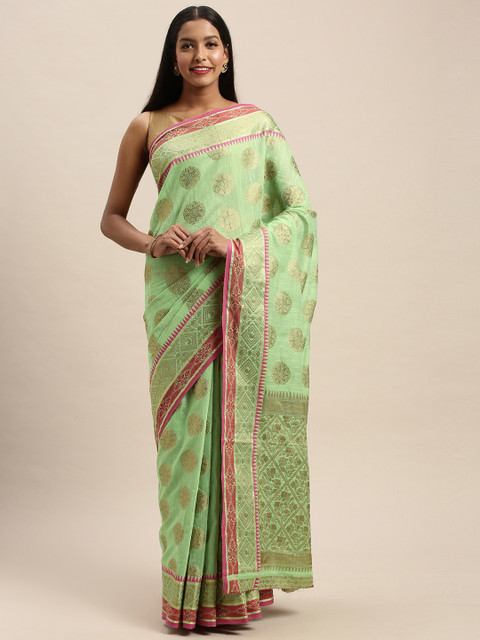 

PACHE Green & Gold-Toned Art Silk Woven Design Banarasi Saree