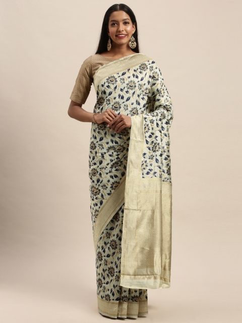 

PACHE Cream-Coloured & Navy Blue Art Silk Woven Design Banarasi Saree