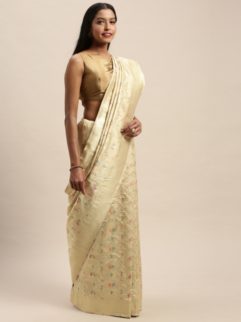 

PACHE Cream-Coloured & Gold-Toned Art Silk Woven Design Banarasi Saree