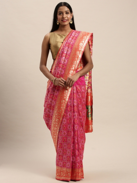 

PACHE Pink & White Art Silk Woven Design Bandhani Saree